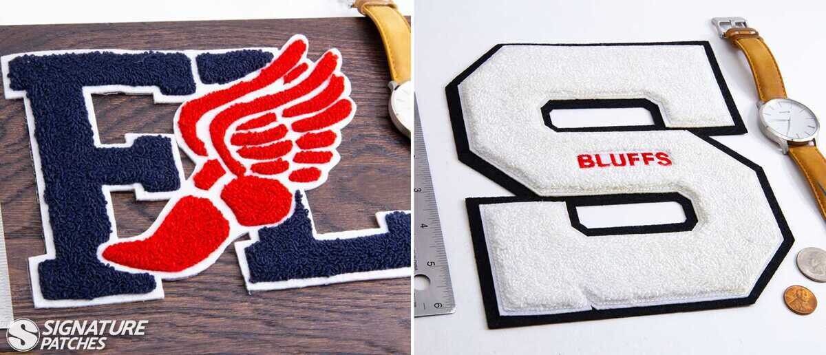Chenille varsity letter patches including F with winged foot track symbol and S Bluffs letters