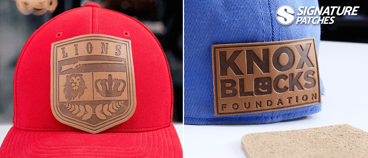 Synthetic leather patches displayed on hats and jackets with custom branding