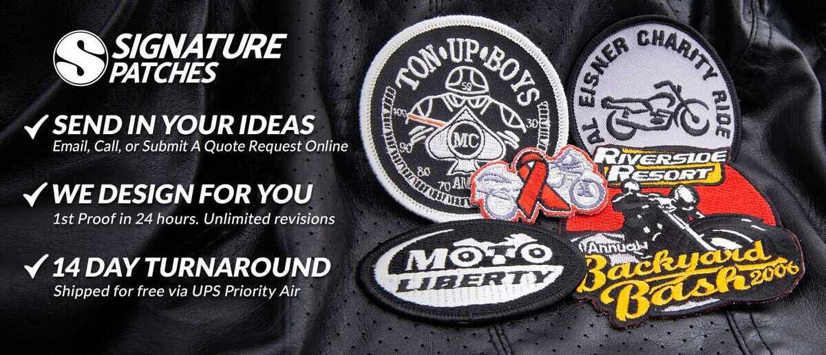 Finished motorcycle patches showing quality embroidery and iron on backing