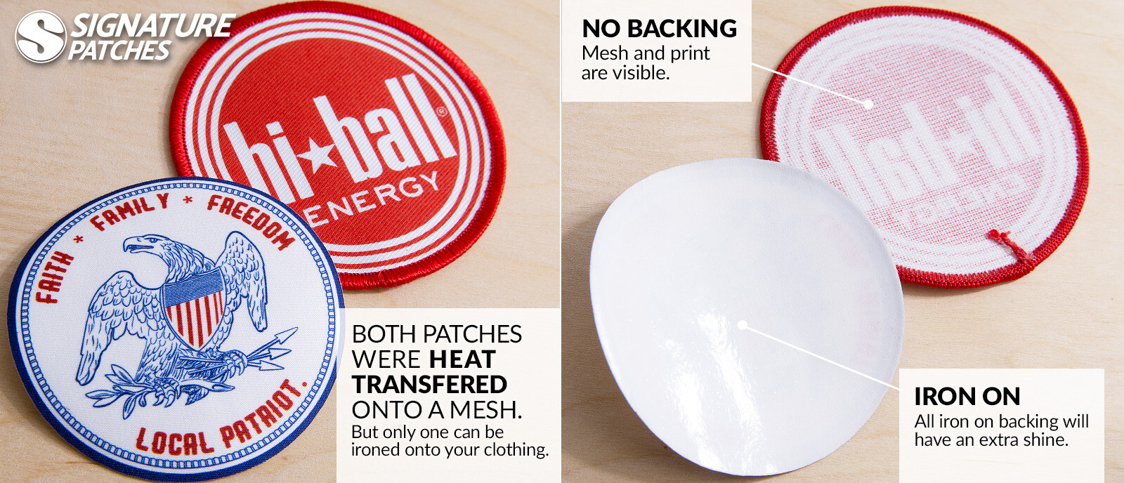 Side-by-side comparison of a heat transfer patch and an iron-on patch