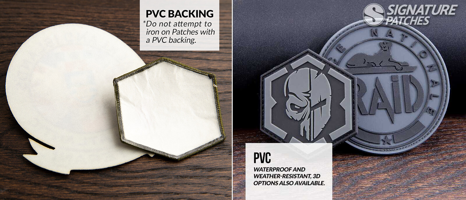Comparison of a PVC patch and an embroidered patch with PVC backing