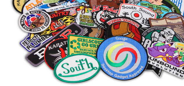 Collage of custom embroidered patches in a variety of shapes, edge styles, and color combinations