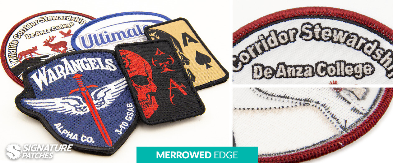 Custom merrowed edge patches with overlocked thread border