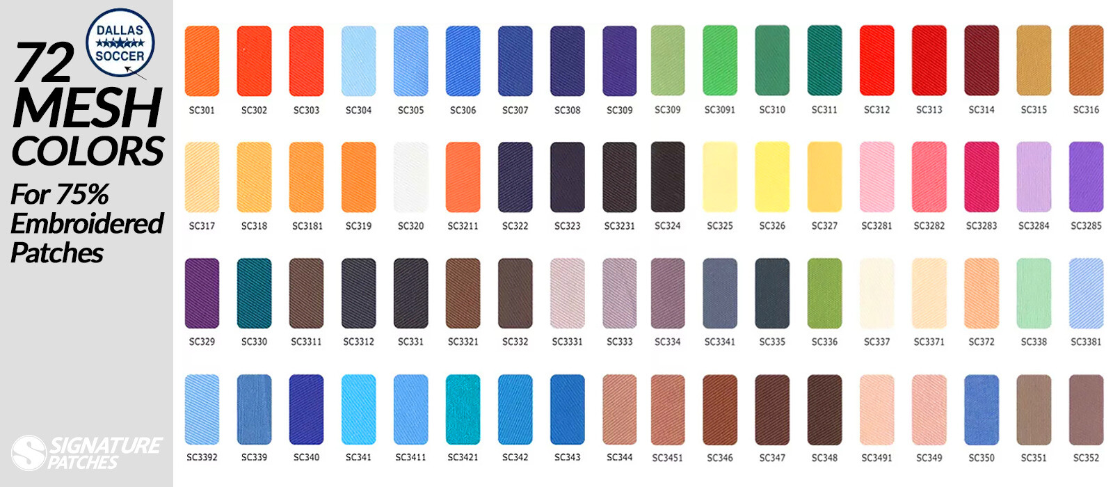 Signature Patches mesh color options for 75 percent embroidered patches
