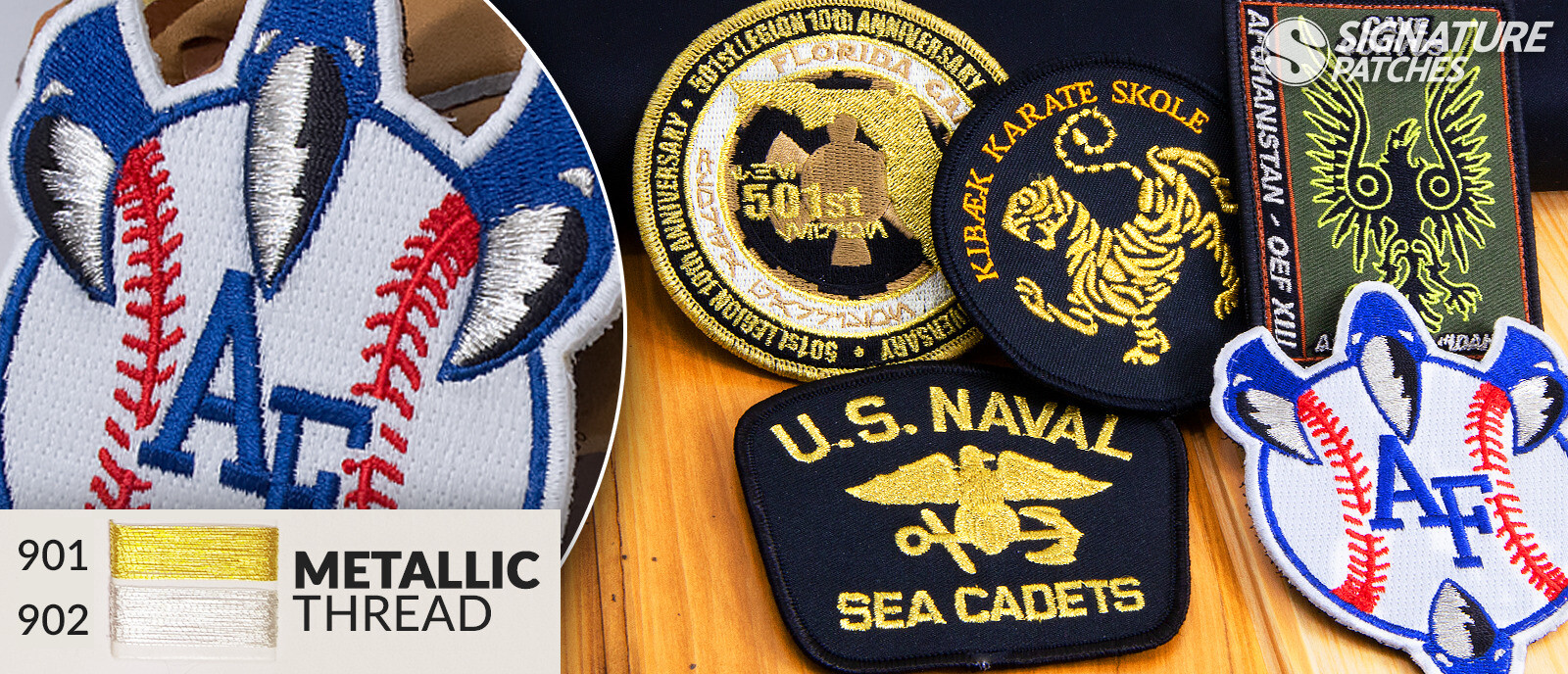 Metallic gold and silver embroidery thread options for custom patches