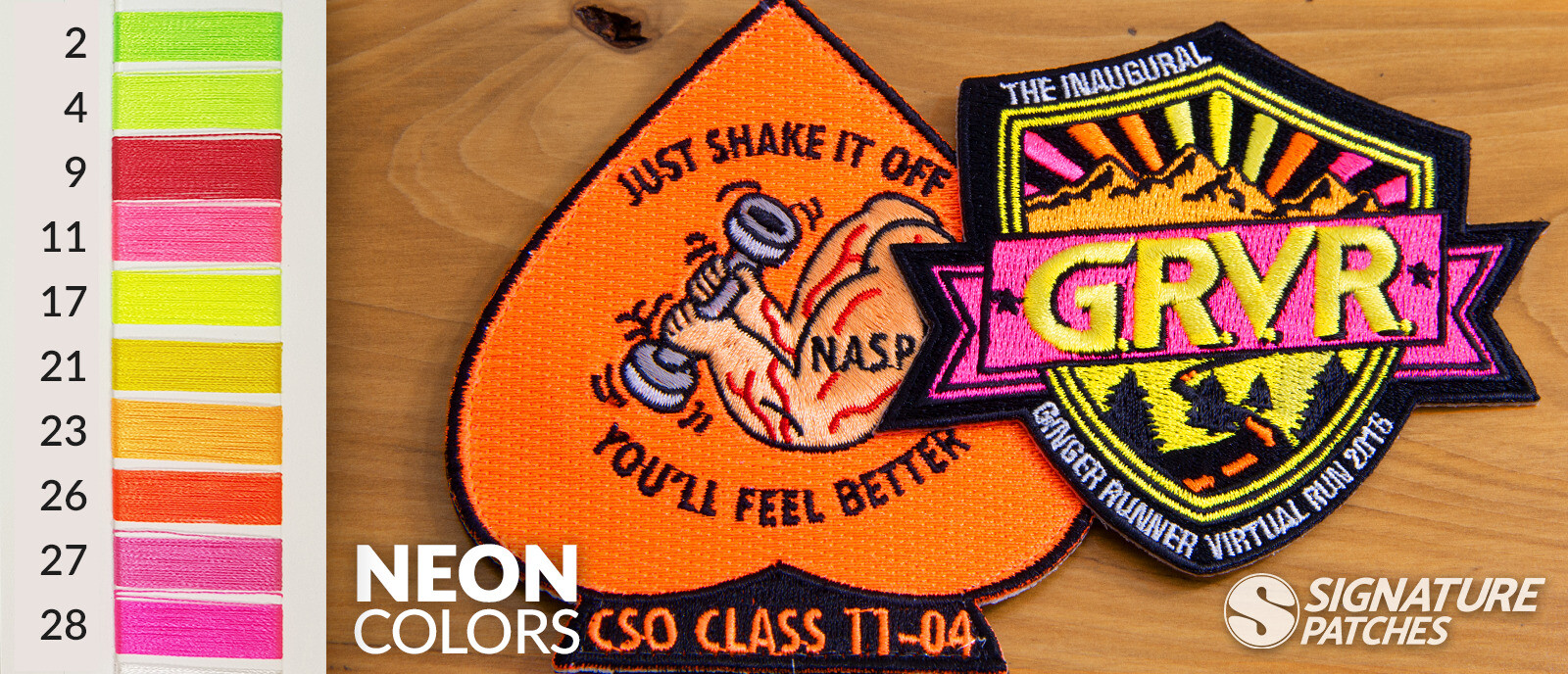 Neon pink and yellow embroidery thread colors for vibrant patch designs