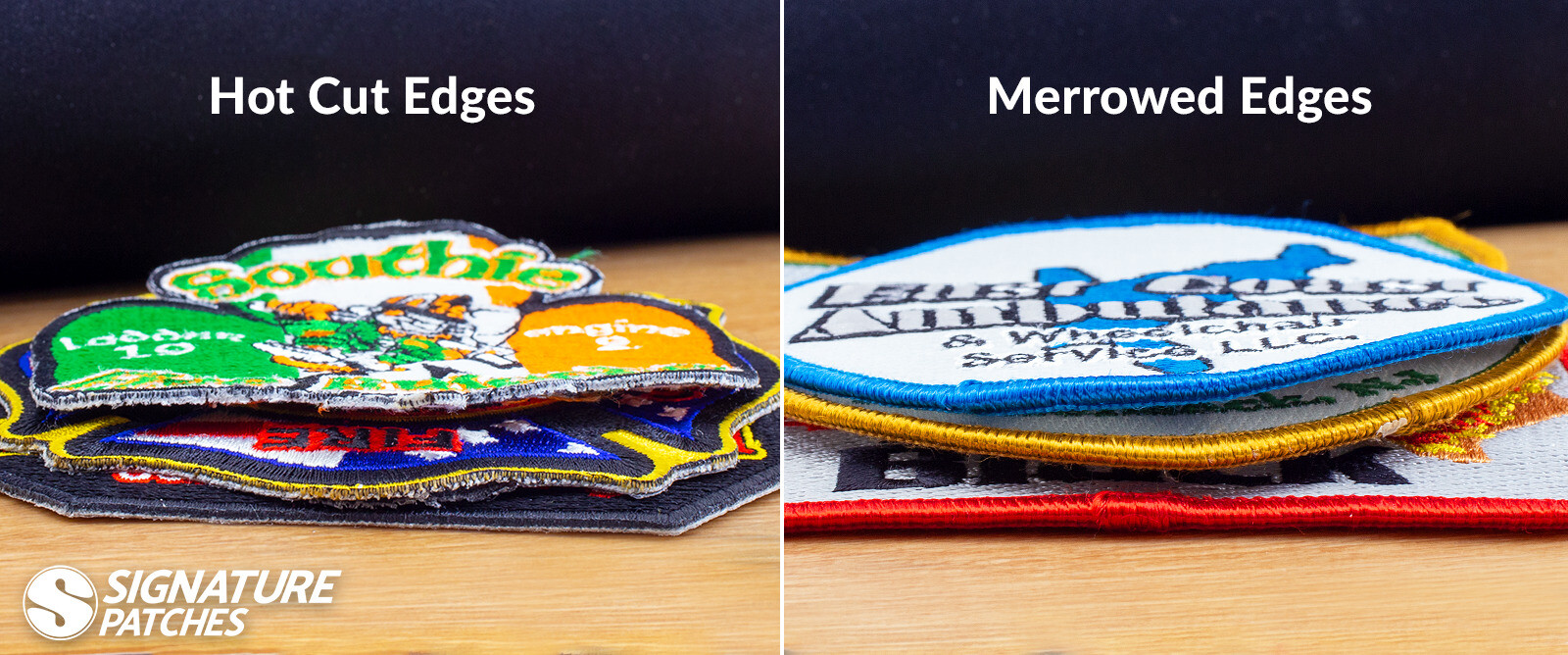 Custom firefighter patches showing different edge options available