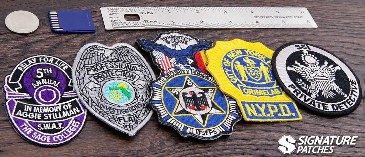 Specialty police patches including SWAT, Private Detective, NYPD Crimelab, and USFPS badges