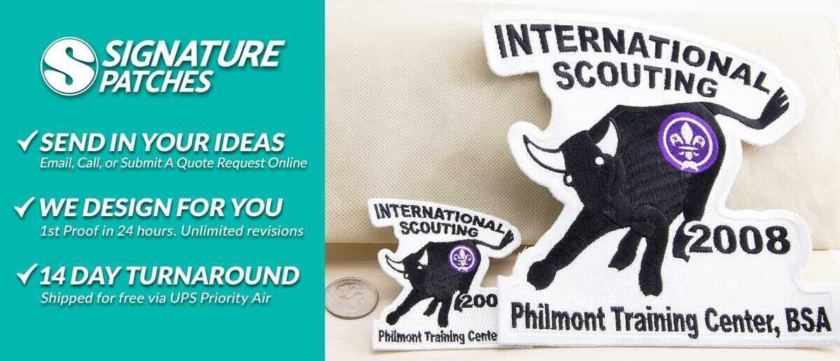Finished scout patches showing quality embroidery and colorful designs